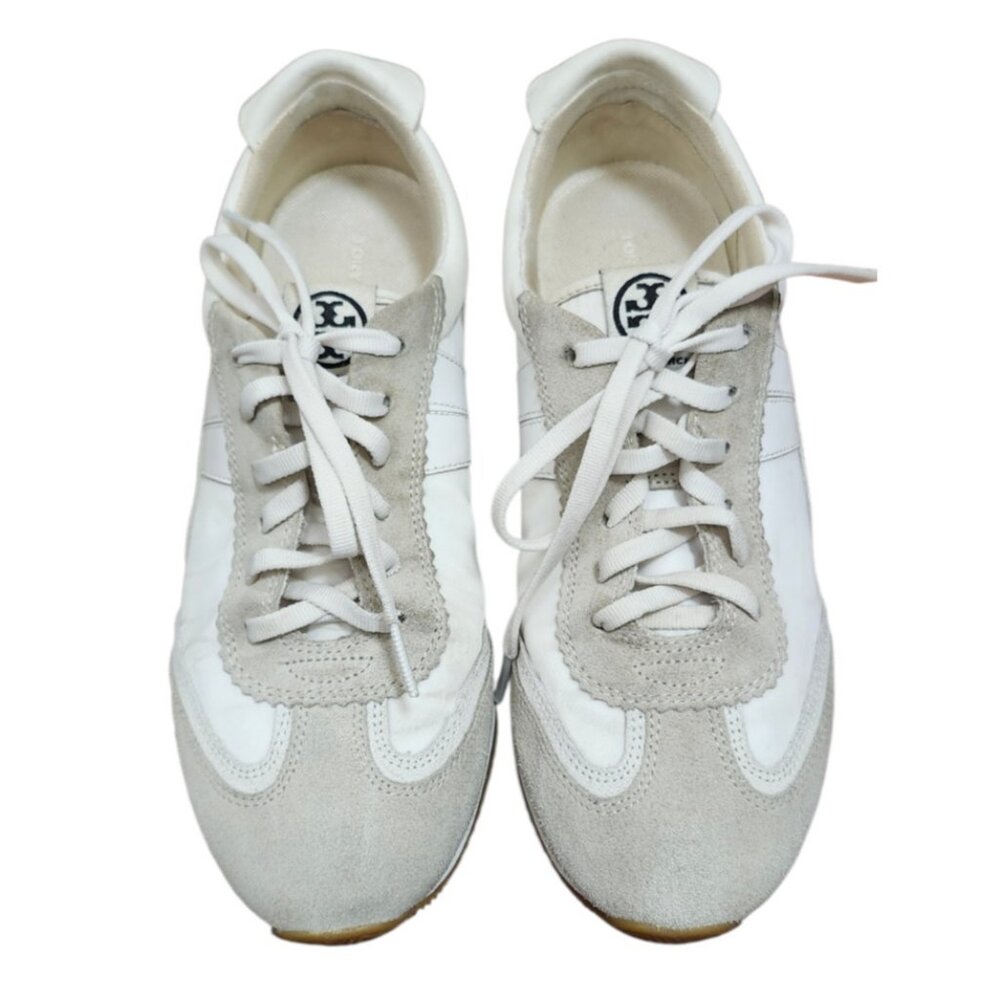 Tory Burch White Leather Suede Sneakers Size 8.5M Retro Runner Lace Up Casual - Picture 2 of 13